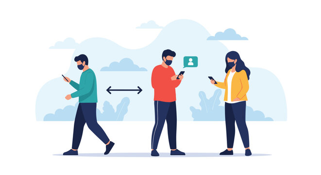 Three people wearing protective face masks maintain social distance while walking and using their smartphones in a clean and safe environment.