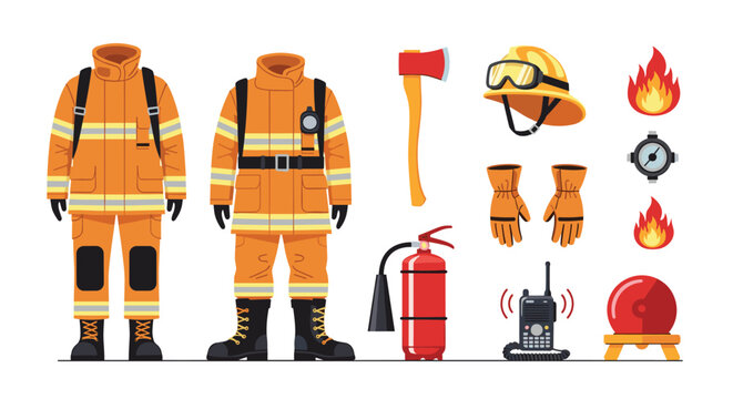 Detailed collection of firefighting equipment including protective suits, helmets, axes, fire extinguishers, walkie talkies, and alarm bells.