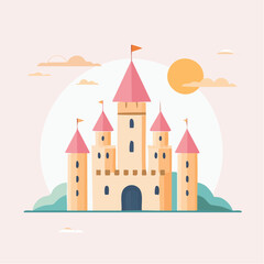Fototapeta premium Fairytale castle with pink towers and flags under a bright sun and clouds