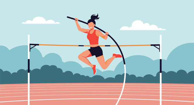 Female track athlete successfully clears a high bar during a professional pole vault competition on an outdoor field.