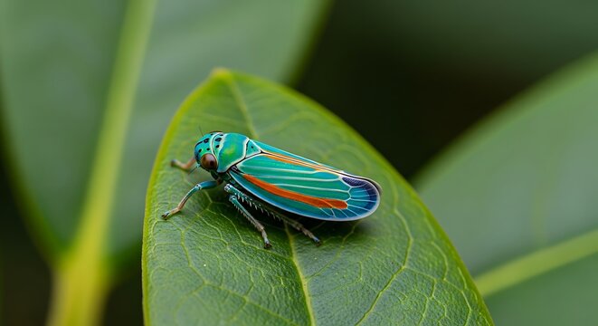 Vibrant leafhopper insect resting on a green leaf detailed macro photograph