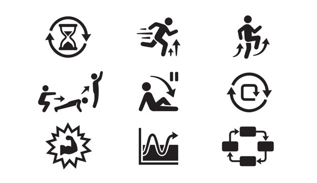 Fitness training and workout performance icons with training exercise strength