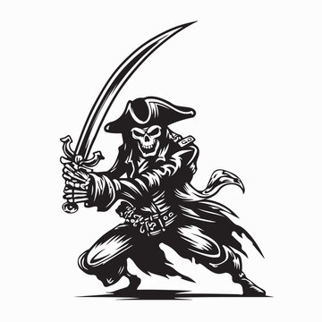 Skeleton Pirate Warrior with Sword Character Vector Illustration