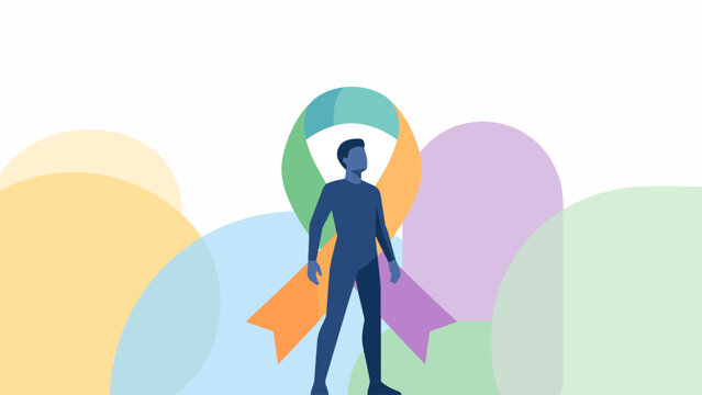 A stylized blue human figure stands confidently in front of a large, multi-colored awareness ribbon with pastel circles in the background.