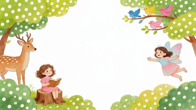 girl reading with deer and fairy