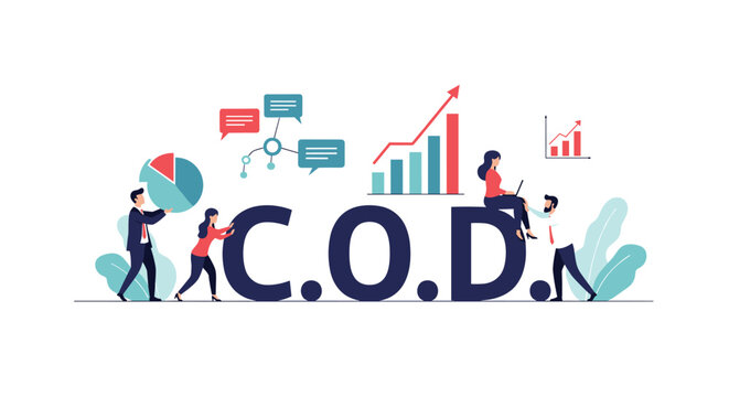 Business team working together around large letters that spell out COD along with various financial growth charts.