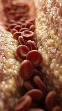 Blood Flow Blockage of an artery, showing a close-up of aggregated red blood cells struggling through a constricted channel due to extensive plaque.