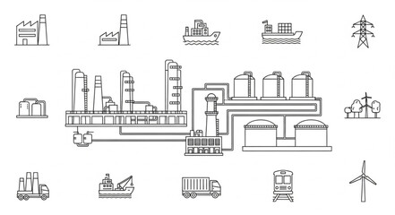 Naklejka premium Industrial factory complex with various transportation and utility elements.