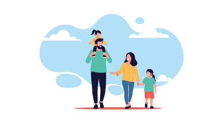 Obraz premium Happy family of four walking together outdoors with a child on the father's shoulders against a blue sky with clouds.