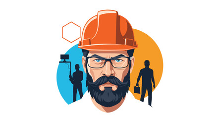 Fototapeta premium Portrait of a confident construction engineer in a hard hat and glasses with silhouetted workers in the background.