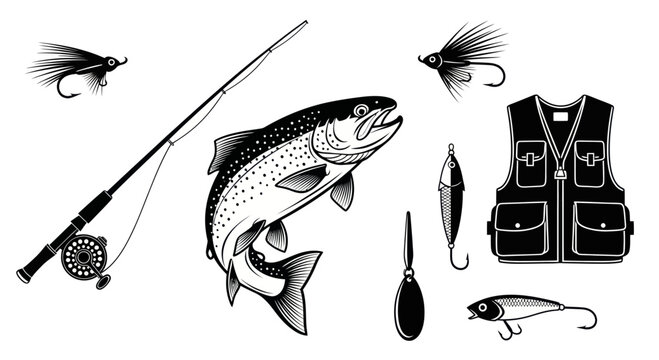 Fishing Gear and Trout Illustration - Rod, Reel, Lures, Vest, and Fish