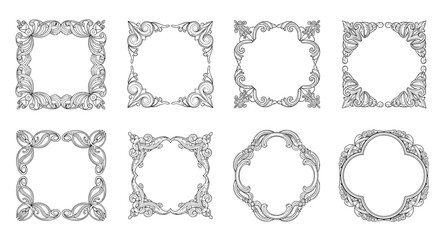 Obraz premium Collection of eight ornate vintage frame designs with intricate black scrollwork and filigree patterns for decorative borders or labels.