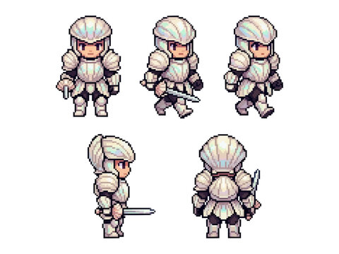 pixel art character spritesheet of a knight clad in iridescent white shell armor wielding a silver sword in multiple directions.