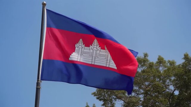 Cambodia National Flag Waving under Blue Sky Generative AI