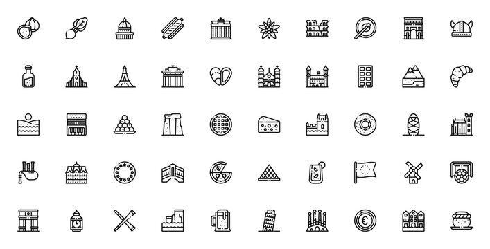 Europe icon set. Travel and culture vector collection. Featuring landmarks, foods, and symbols like Eiffel Tower, Colosseum, Pizza, Croissant, Windmill, Big Ben, and more. Minimal line art.