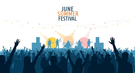 Summer music festival crowd cheering for a band on stage. © Janda