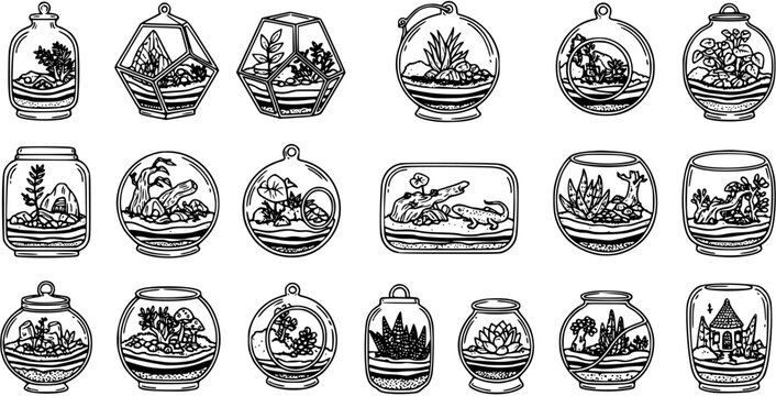 Black and White Line Art Collection of Terrariums with Plants and Scenery