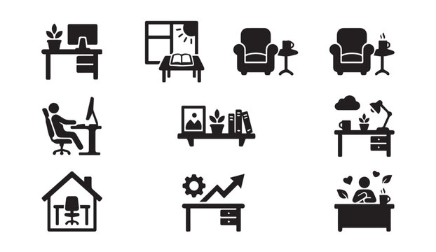 Set of home office and remote work icons with workspace computer armchair