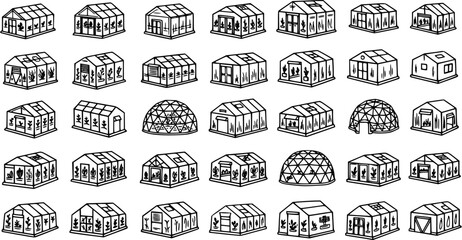 Obraz premium Black and White Line Art Illustrations of Various Greenhouse Designs for Agriculture and Gardening