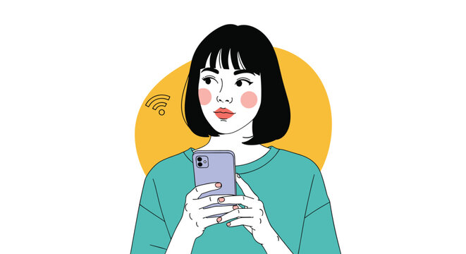 Young woman with short black hair and rosy cheeks holding her smartphone with wifi symbol appearing against yellow circle.