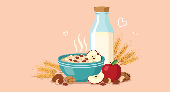 Healthy breakfast composition featuring a bowl of hot oatmeal, a glass bottle of milk, fresh apples, nuts, and wheat stalks.