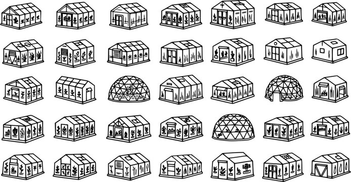 Black and White Line Art Illustrations of Various Greenhouse Designs for Agriculture and Gardening