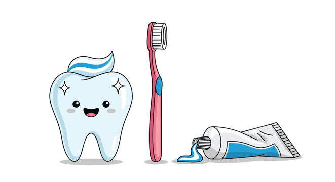 Dental hygiene set featuring a pink toothbrush, a tube of toothpaste, and a cute smiling tooth character with a toothpaste cap.