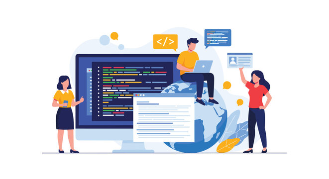 Team of developers working together to code and build software applications on computers with a globe in the background.