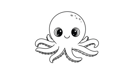 Fototapeta premium Simple and cute black and white line art illustration of a baby octopus with big eyes and a friendly smile.