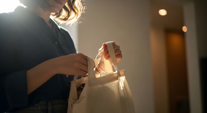 Person Holding Reusable Shopping Bag Indoors