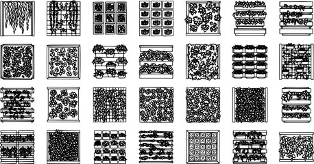 Architectural Landscaping  Gardening Elements: Vertical Gardens, Green Walls, Planters, Hanging Plants - Black  White Line Art CAD Top View Symbols © pixsource