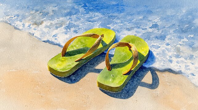 A pair of green flip-flops rests on sandy beach as gentle waves approach, evoking a serene summer seaside scene.