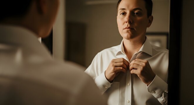 Person Buttoning Shirt in Mirror Reflection