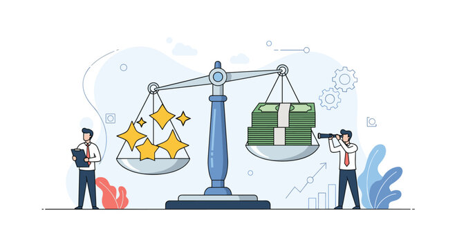 Balancing scale weighing five yellow stars for quality and a large stack of money for cost or profit in business concept.