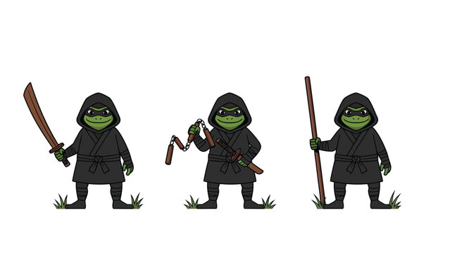 Cute Cartoon Ninja Frogs with Traditional Martial Arts Weapons: Katana, Nunchaku, and Bo Staff on White Background