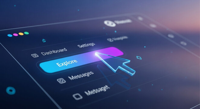 Digital interface with glowing explore button and cursor pointer.