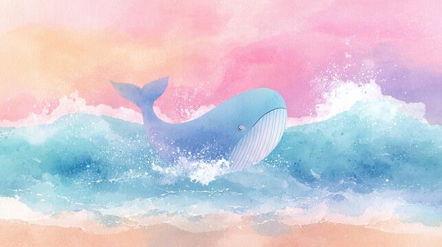 A whimsical watercolor painting of a blue whale splashing joyfully in vibrant ocean waves under a pastel pink and orange sky.