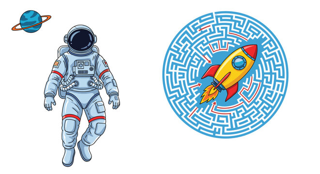Brave astronaut in space suit standing next to circular maze puzzle with rocket ship and planet in outer space background.