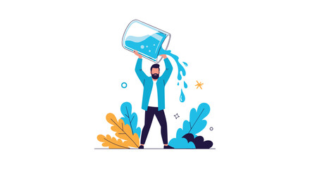 Obraz premium Man pouring giant bucket of refreshing water over himself to cool down representing hydration and summer relief concepts.