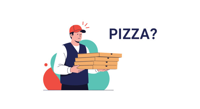 Friendly pizza delivery man wearing a cap and vest while carrying a large stack of pizza boxes on a clean background.
