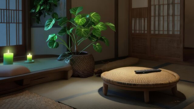 Cozy Japanese Interior with Kotatsu Table and Candlelight.