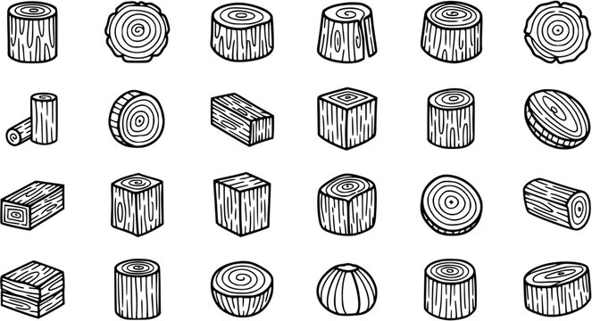 Woodworking and Forestry Timber Logs Line Art Icon Set. Various Wood Pieces, Stumps, and Planks in Black and White Doodle Style for Construction and Nature.