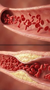 Blood Flow Blockage of a major artery, showing comparative views of healthy flow and severely impeded flow caused by extensive atherosclerotic plaque.