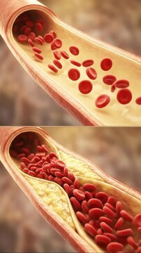 Blood Flow Blockage of a critical artery, showcasing a side-by-side comparison of normal blood flow against severe constriction by plaque.