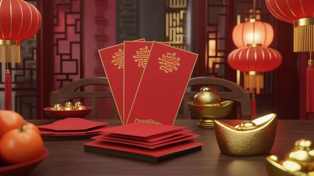 Traditional 3D Imlek family table arranged with fresh mandarins, neatly placed red envelopes