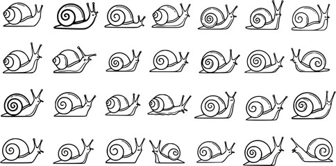 Black and White Line Art Snails in Rows, Cute Vector Illustration © pixsource