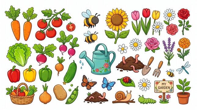Cute Garden and Vegetables Vector Illustration