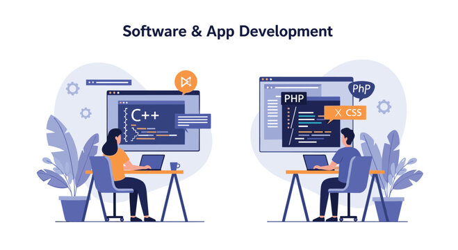 Two programmers work at their desks developing complex software and mobile applications using languages like C plus plus and PHP.