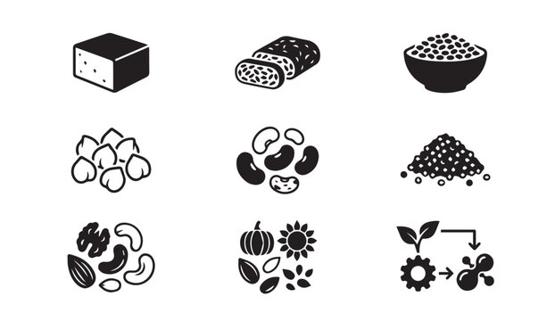 Plant based nutrition and healthy ingredient icons with nutrition, ingredients