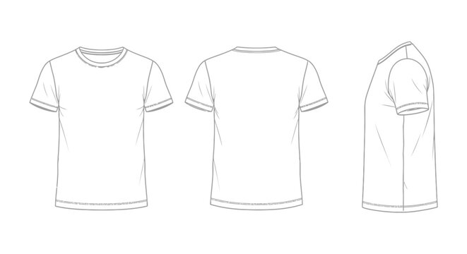 Classic white t-shirt vector illustration showing front, back, and side views for fashion design templates.